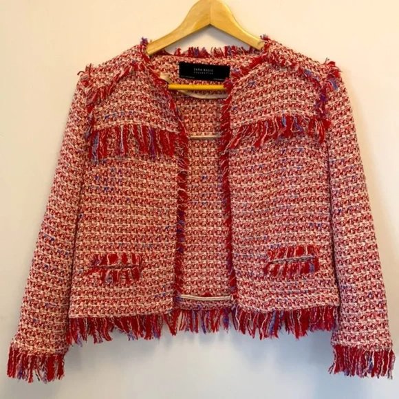ZARA Boho blazer jacket frayed fringe tweed influencer fave red white sz medium - Picture 7 of 8